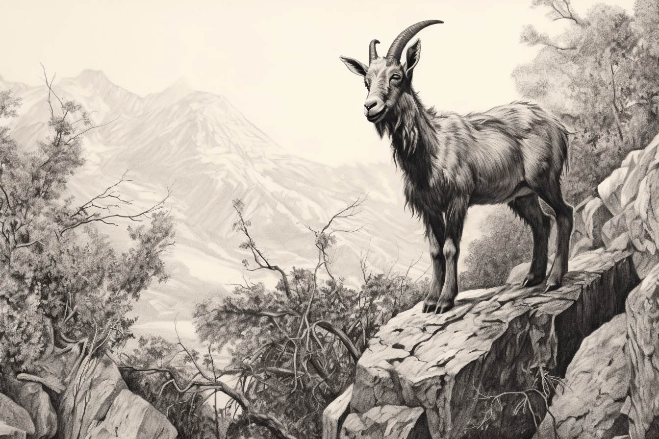 Die Ziege steht als Krafttier auf einem Fels mit Bergen im Hintergrund