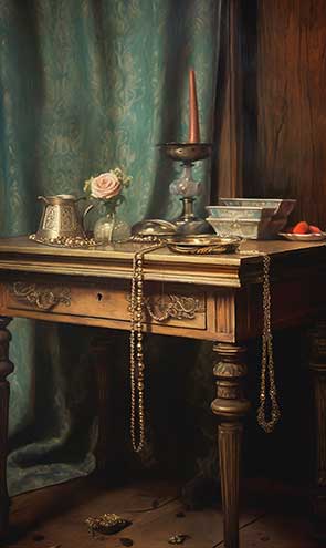Ein edler Tisch mit Geschenken in Form von Schmuck, Gold und einer Rose