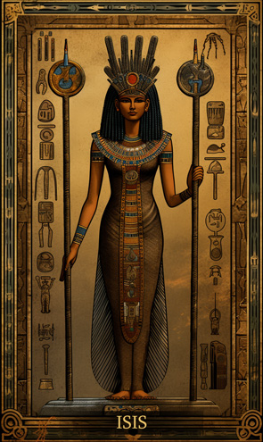 Isis - Ägyptische Tarotkarte der Göttin stehend mit Stäben in der Hand