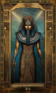 RA - Ägyptische Tarotkarte mit Sonnengott von Strahlen beschienen