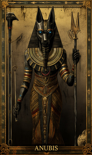 Anubis - Ägyptische Tarotkarte mit Gott in Tiermaske und Zepter