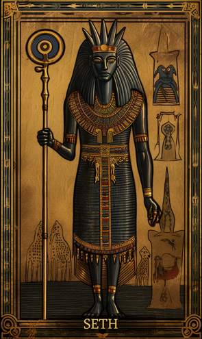 Seth - Ägyptische Tarotkarte mit Gott in Maske und Stab auf der Hand