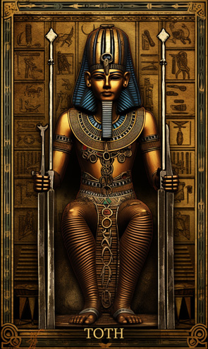 Toth - Ägyptische Tarotkarte mit Gott auf einem Tron sitzend und zwei Stäben in der Hand