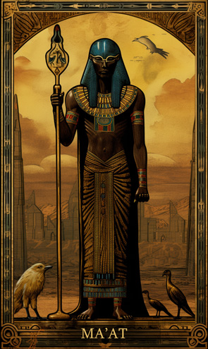 Ma'at - Ägyptische Tarotkarte der Gottheit vor einer Stadt stehend
