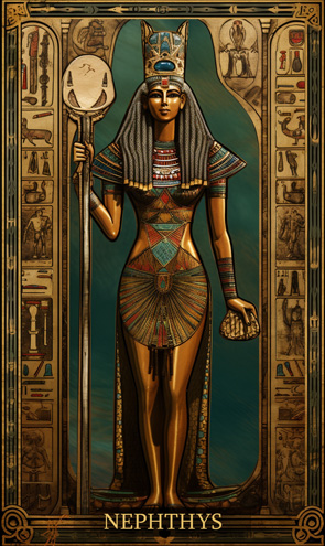 Nephtis - Ägyptische Tarotkarte der Göttin vor Tempeleingang