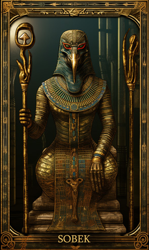 Sobek - Ägyptische Tarotkarte mit Gott in Rüstung und Zepter in der Hand
