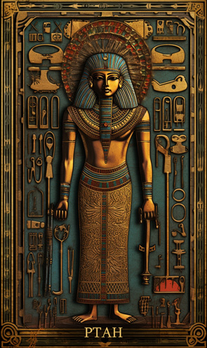 Ptah - Ägyptische Tarotkarte mit Pharao und vielen Abbildungen an der Wand