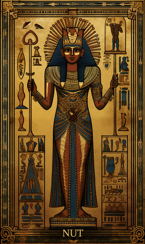 NUT - Ägyptische Tarotkarte mit Gottheit und Zepter in der Hand