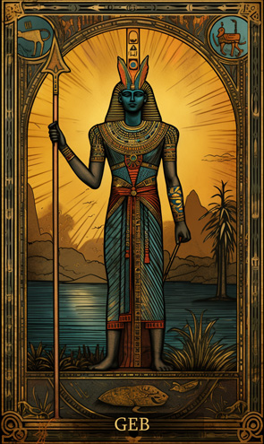 GEB - Ägyptische Tarotkarte mit Gottheit vor Sonnenaufgang