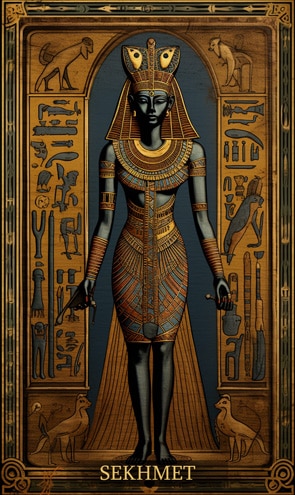 Sekhmet - Ägyptische Tarotkarte mit Gottheit vor einem Tempel stehend