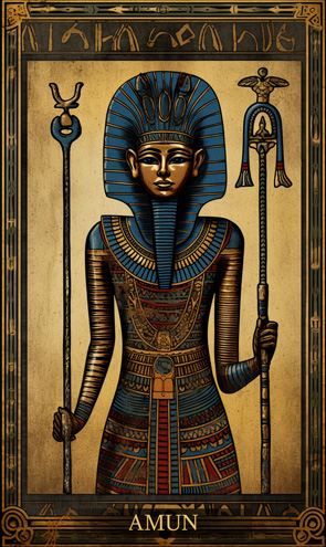 Amun - Ägyptische Tarotkarte mit Gottheit und Kopfschmuck