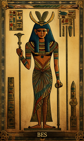 Bes - Ägyptische Tarotkarte mit stehender Gottheit und Stab in der Hand