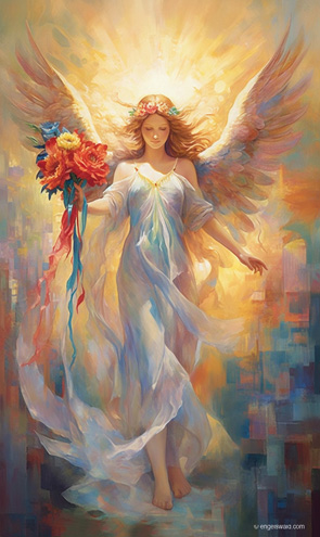 Engelkarte der Ermutigung mit Engel vor Sonnenstrahlen mit Blumen in der Hand