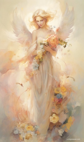 Engel des Glücks mit Blumen und in weissem Kleid