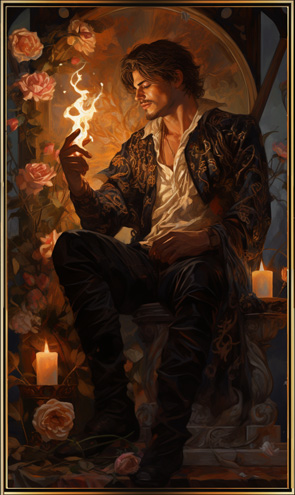 Mann mit Flamme in der Hand sitzt in der Dunkelheit