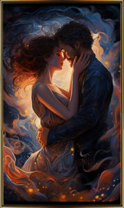 Tarotkarte - Paar küsst sich mit flammendem Himmel im Hintergrund