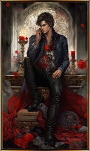 Tarotkarte - Mann sitzt nachdenklich von Rosen umgeben