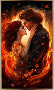 Mann küsst Frau umgeben von Flammen