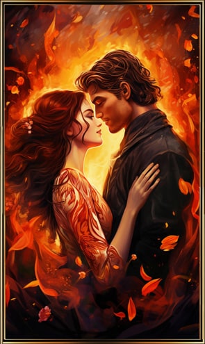 Mann küsst Frau umgeben von Flammen
