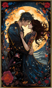 Mann küsst Frau im vor idyllischem Himmel und Mondlicht