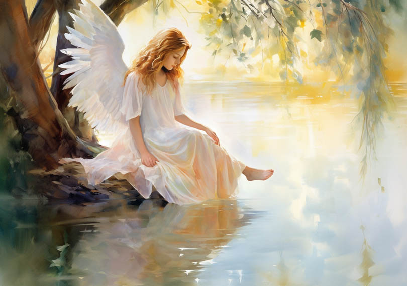 Engel am Fluss mit einem Fuss im Wasser am Nachdenken