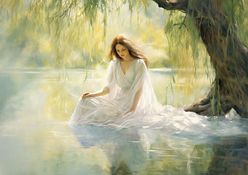 Engel sitzt am Fluss mit Füssen im Wasser und weissem Kleid