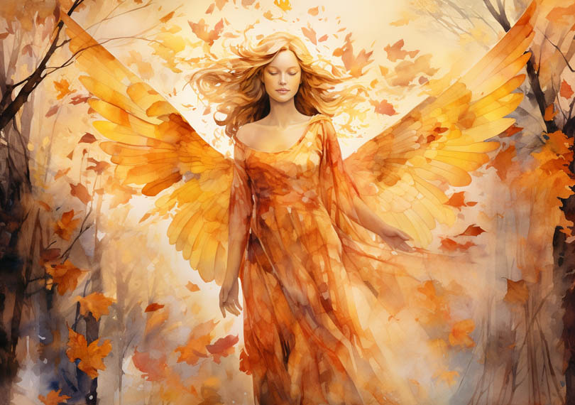 Engel im Herbstwald mit goldenen Flügeln