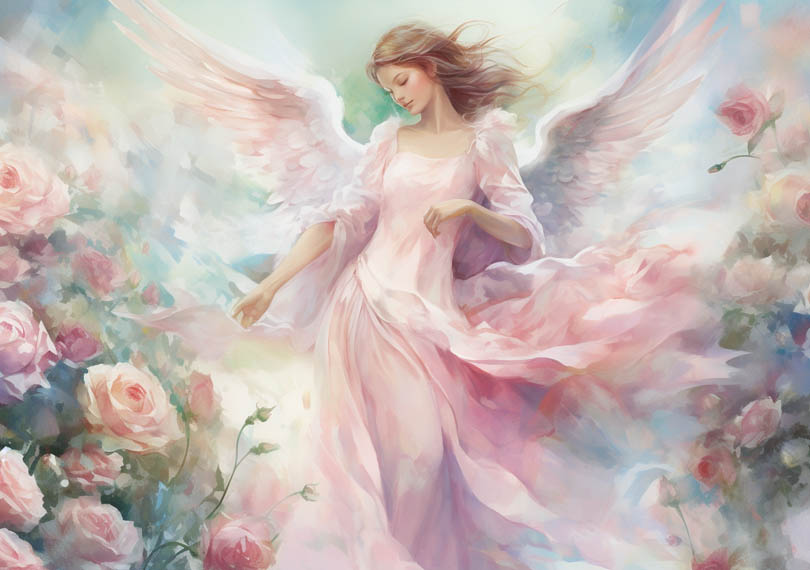 Engel schwebt neben rosafarbenen Rosen und Blumen