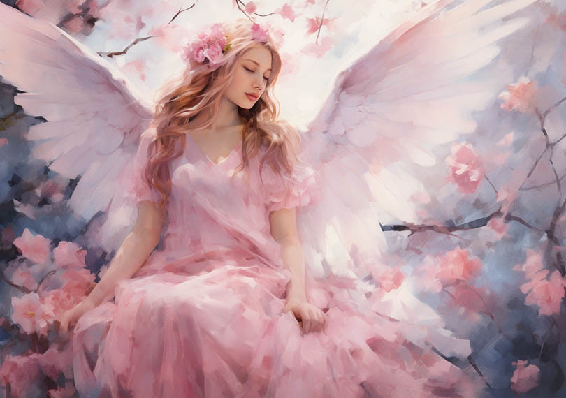 Engel in rosa Kleid und Flügeln umgeben von Blüten und Blumen