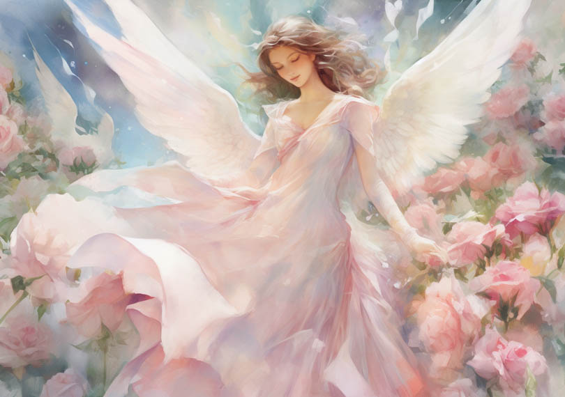 Engel in rosa Kleid und Flügeln umgeben von Rosen