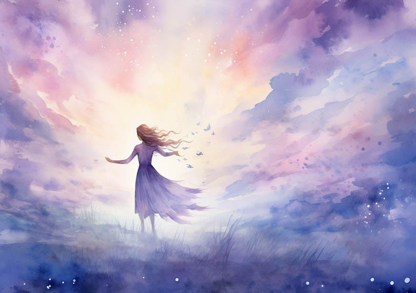Mädchen steht symbolisch für einen Engel auf der Wiese vor dem violetten Nachthimmel