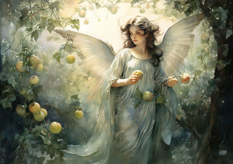 Engel mit Äpfeln in der Hand neben einem Apfelbaum