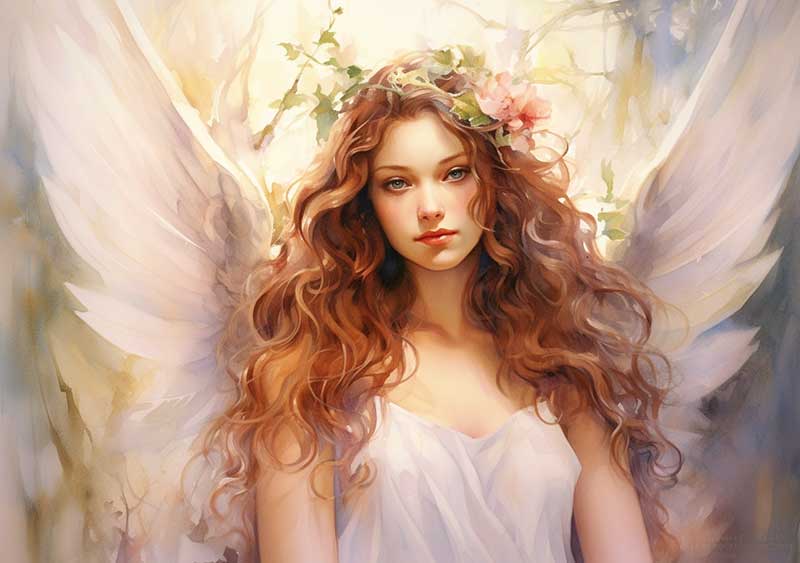 Engeltarot Karte mit wunderschönem Engel und Blumen im Haar