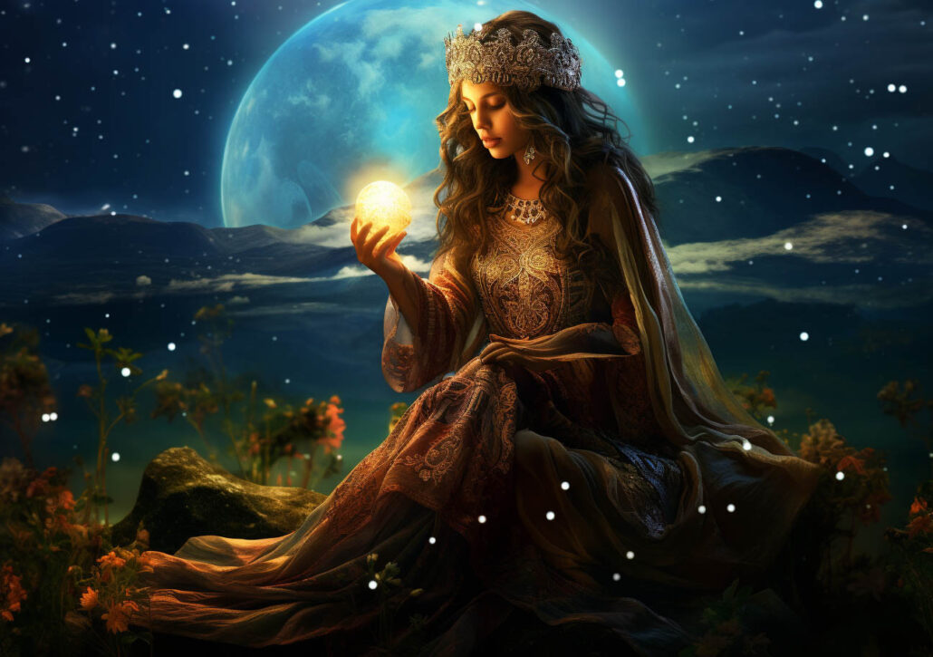 Tarot Lenormand Frau mit mystischer Kristallkugel die leuchtet im Sternenlicht