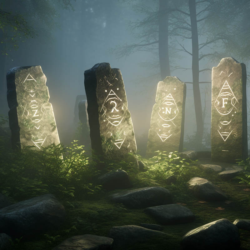 Beleuchtete Runensteine als Felsblöcke im Wald von Licht beschienen