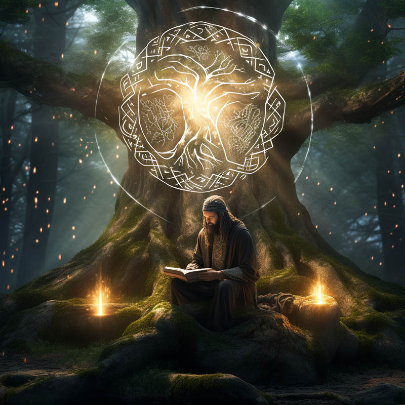 Runen Baum der Magie mit Druide und leuchtenden Symbolen in der Luft