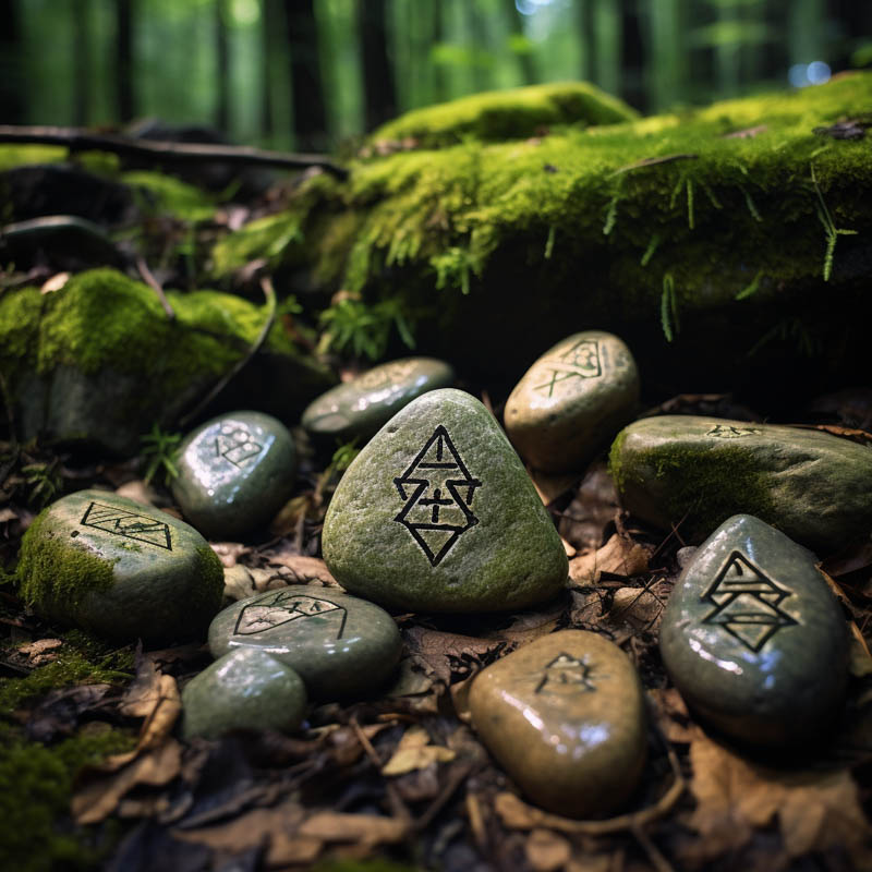 Runensteine auf dem Waldboden mit Symbolen und Zeichen