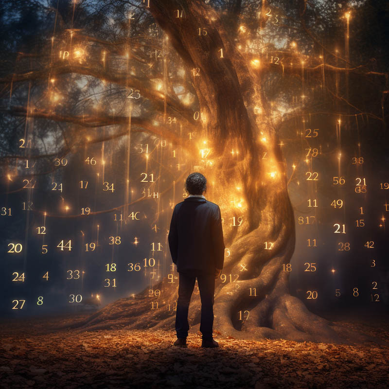 Baum der Numerologie mit leuchtenden Zahlenreihen