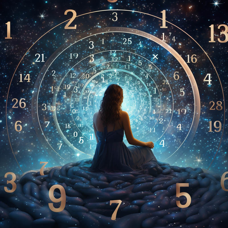 Numerologie Meditation mit kreisenden Zahlen im Himmel