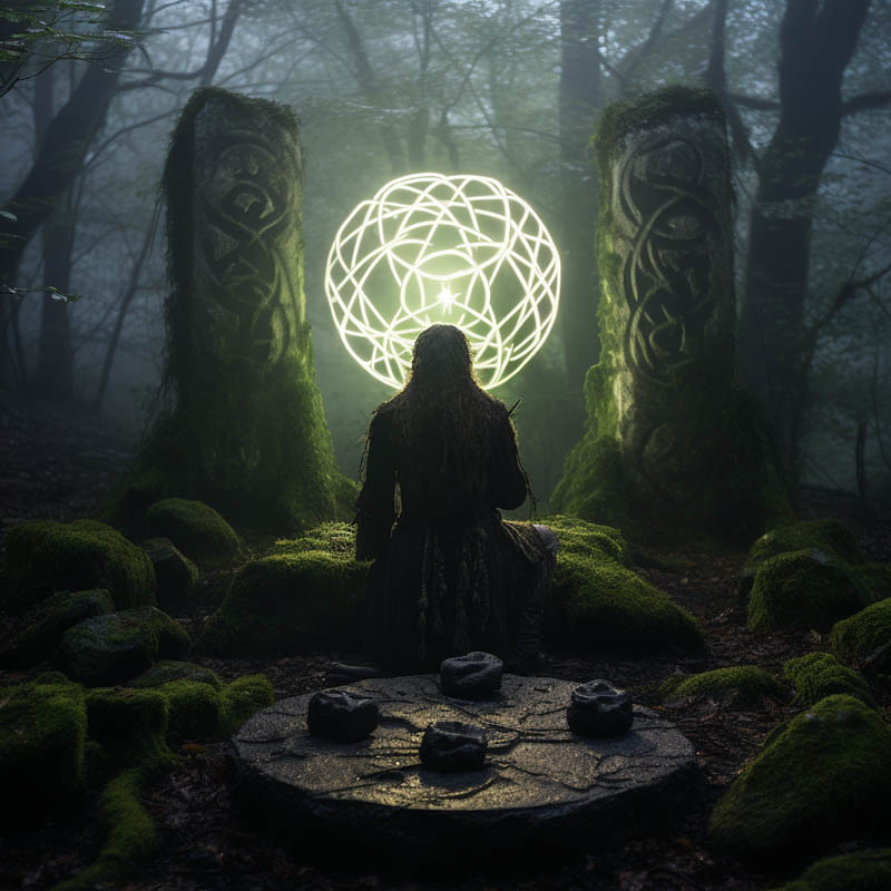 Runen Orakel Ritual im Wald mit leuchtenden Symbolen