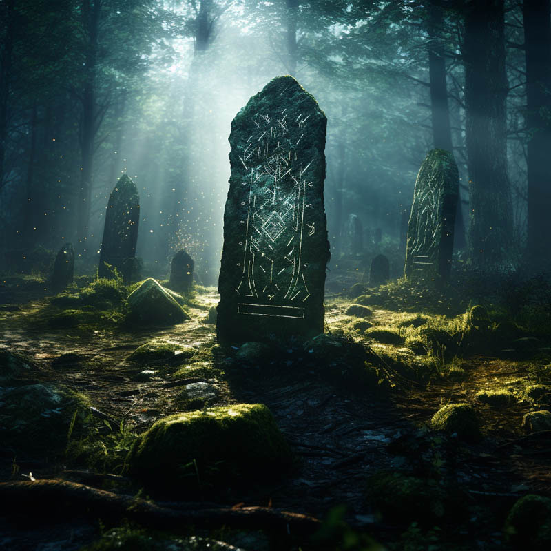 Runenstein im Wald von geheimnissvollen Lichtpartikeln umgeben.