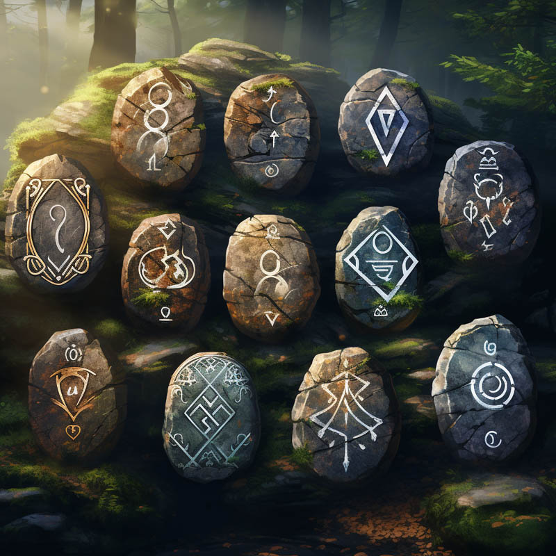 Runensteine auf Felsen mit Symbolen und Bedeutung