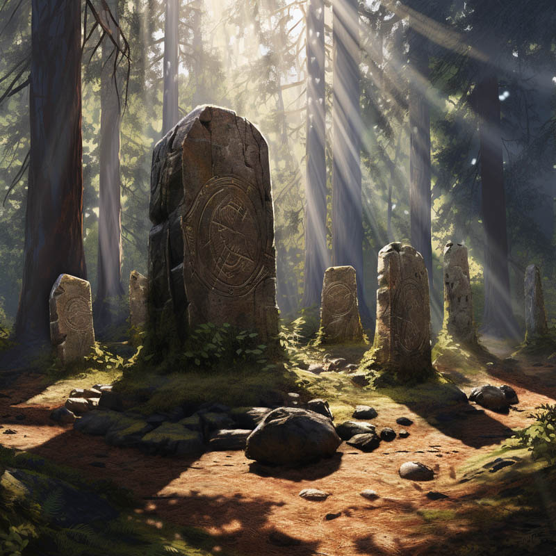 Schöner Runenstein im Wald vom Sonnenlicht beschienen