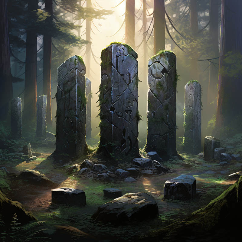 Runen in der Nordischen Mythologie als Steinreihe im Wald