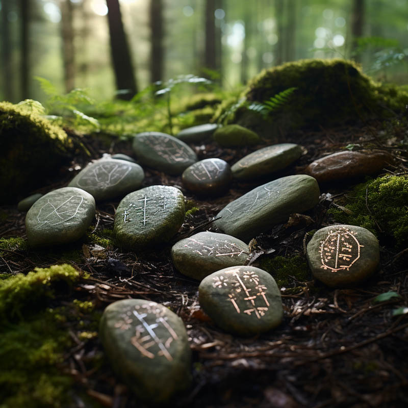 Runensteine mit Inschriften auf dem Waldboden mit Gras