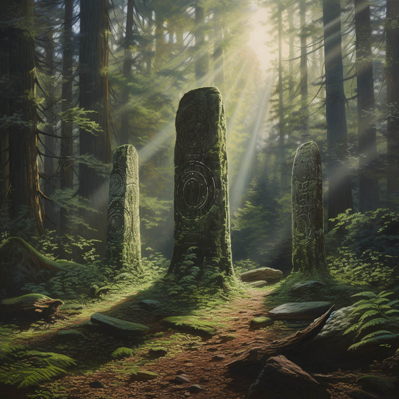 Runenstein in der Waldlichtung mit Moos bewachsen