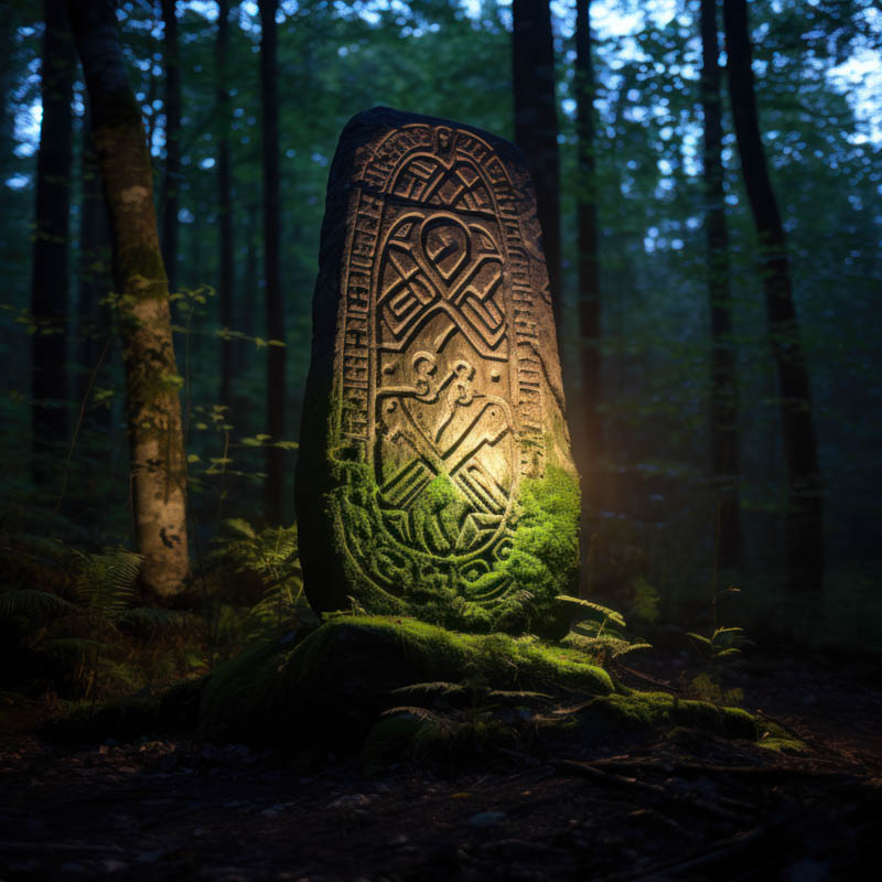 Rune Gebo im Wald im Dunkeln auf Stein