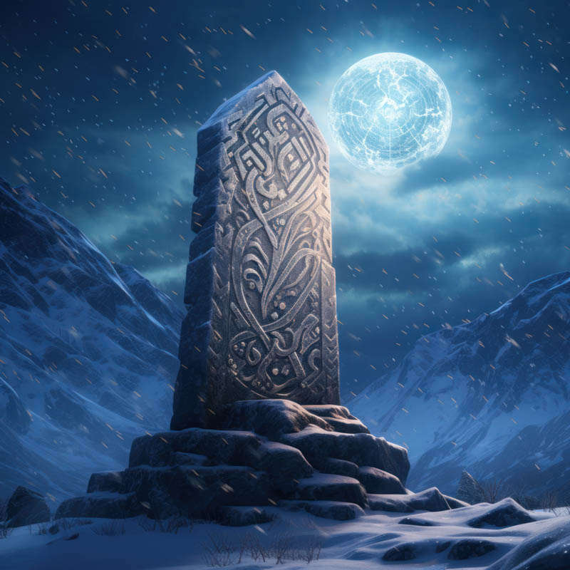 Magischer Runenstein im Mondlicht graviert