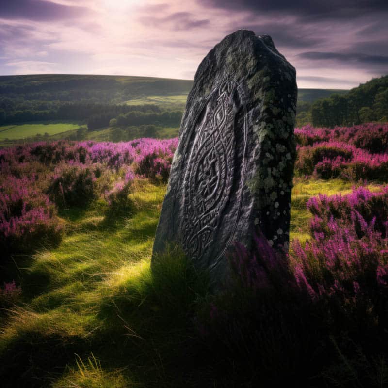 Rune Perthro auf Stein gemeisselt in einem Feld voller Blumen