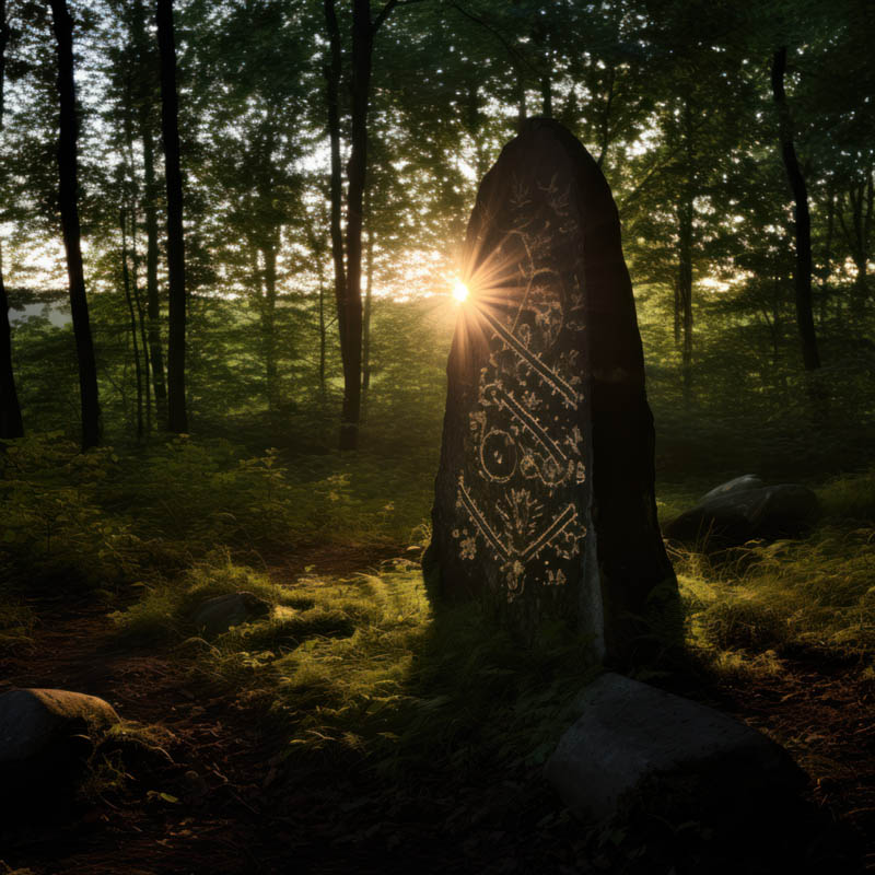 Rune Wunjo im Wald auf Stein mit Gravuren